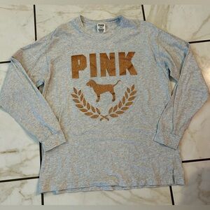 PINK Victoria's Secret Women’s Long Sleeve Shirt - Light Gray and Gold
